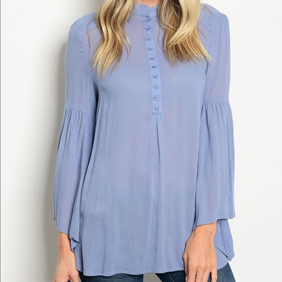 Bell Sleeve Top Flowy Blue Button Up Blouse - Picture 2 of 7